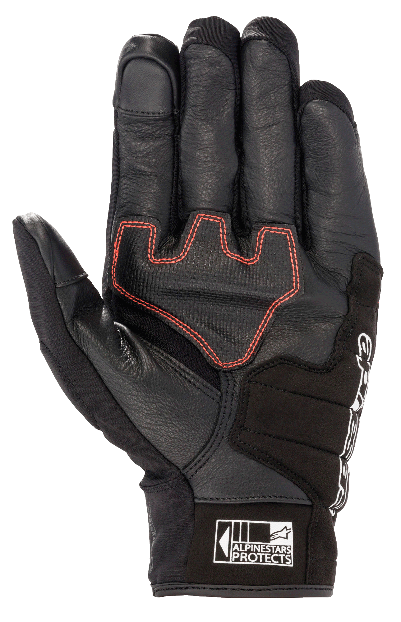 Guante Alpinestars Honda SMX Z Drystar®, guante de moto de puño corto, color negro con costuras geométricas en rojo brillante en la palma, confección en piel de cabra con refuerzos de ante, puntas de los dedos compatibles con pantallas táctiles y logotipo Alpinestars Protects en el puño.