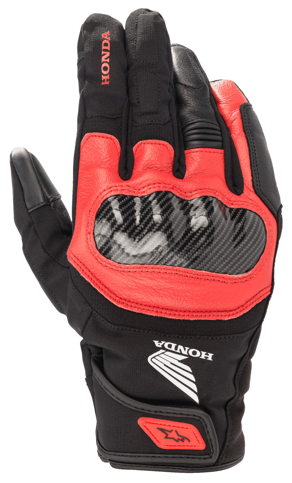 Guante Alpinestars Honda SMX Z Drystar®, guante de moto en negro y rojo brillante, protector de nudillos de fibra de carbono, construcción de cuero y textil, marca Honda, protección impermeable, puño corto con correa en la muñeca