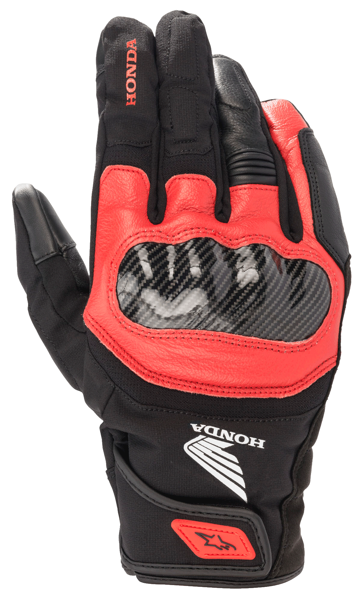 Guante Alpinestars Honda SMX Z Drystar®, guante de moto en negro y rojo brillante, protector de nudillos de fibra de carbono, construcción de cuero y textil, marca Honda, protección impermeable, puño corto con correa en la muñeca