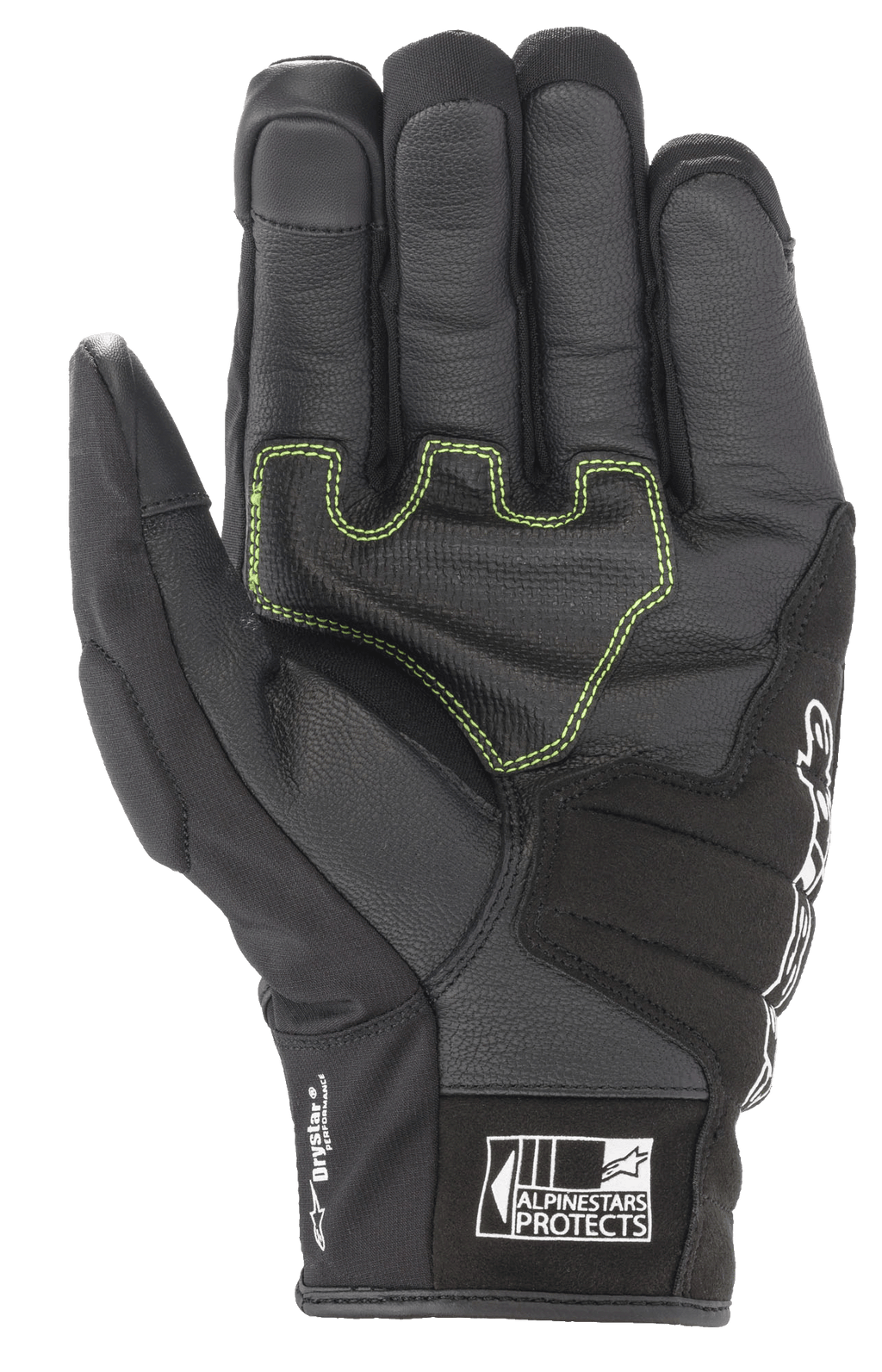 Alpinestars SMX Z Drystar® Gloves, Black motorcycle gloves, palm view featuring neon green contrast stitching on reinforced leather, 'Drystar Performance' branding on the side, and 'Alpinestars Protects' logo on the cuff