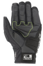 Alpinestars SMX Z Drystar® Gloves, Black motorcycle gloves, palm view featuring neon green contrast stitching on reinforced leather, 'Drystar Performance' branding on the side, and 'Alpinestars Protects' logo on the cuff