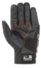 Alpinestars SMX Z Drystar® Gloves, short cuff motorcycle riding gloves, Black with red contrast stitching, palm view showing leather construction and reinforced padding, featuring the Alpinestars Protects logo on the cuff.