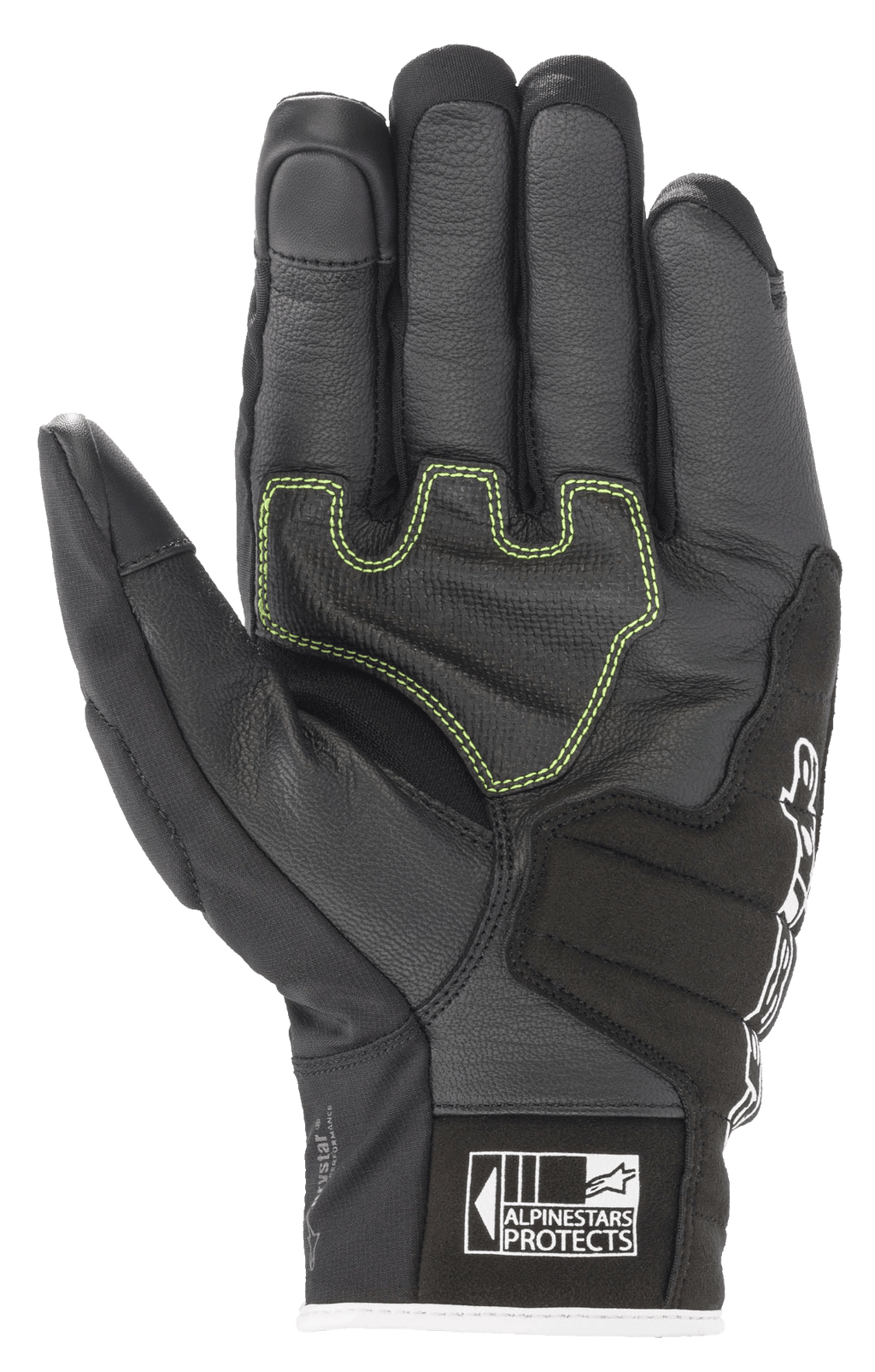 Guantes Alpinestars SMX Z Drystar®, guantes de moto, negro, blanco y rojo flúor, vista de la palma que muestra el cuero reforzado con costuras de contraste en verde lima y el logotipo Alpinestars Protects en el puño