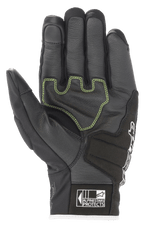 Guantes Alpinestars SMX Z Drystar®, guantes de moto, negro, blanco y rojo flúor, vista de la palma que muestra el cuero reforzado con costuras de contraste en verde lima y el logotipo Alpinestars Protects en el puño