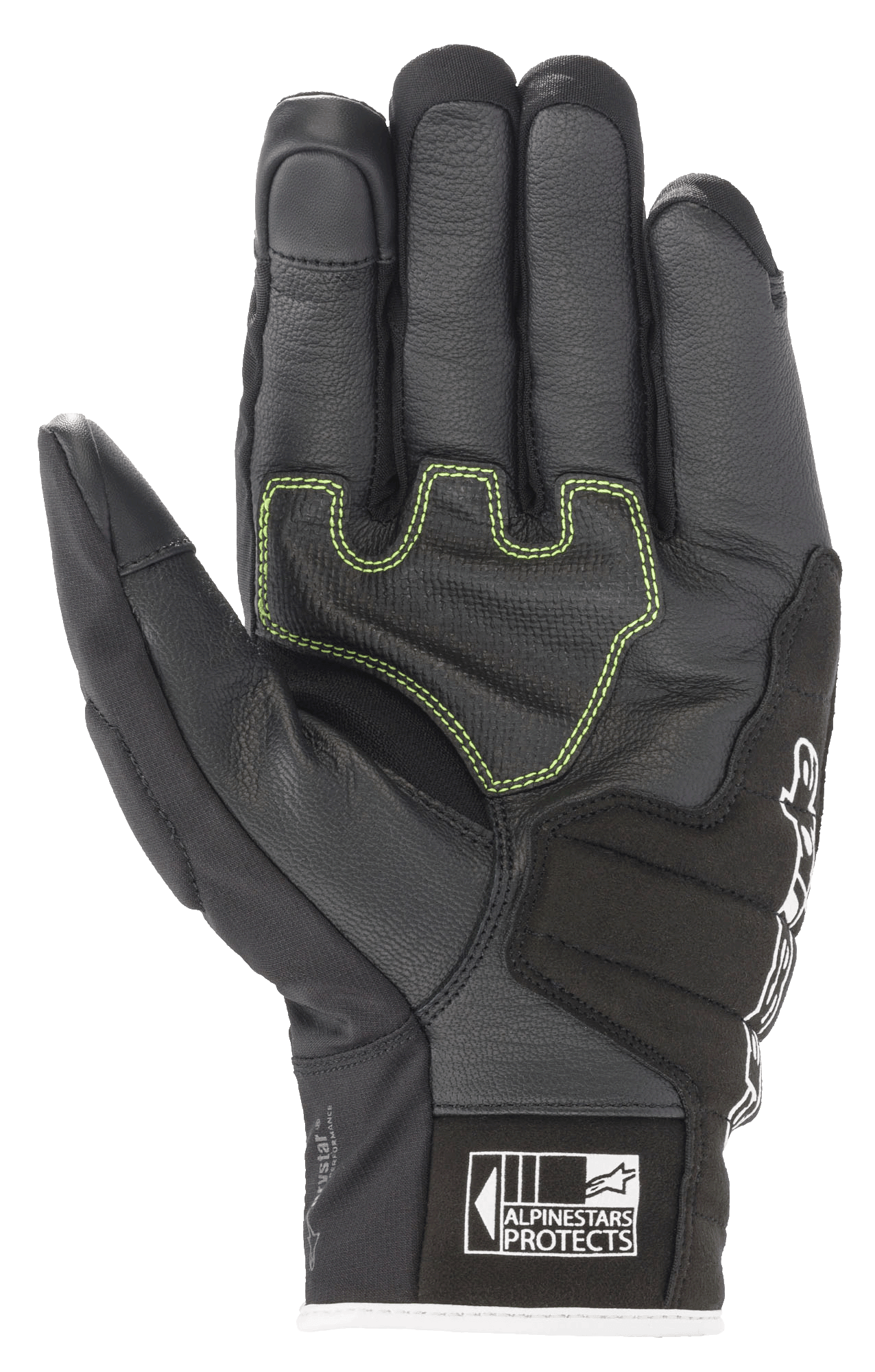 Guantes Alpinestars SMX Z Drystar®, guantes de moto, negro, blanco y rojo flúor, vista de la palma que muestra el cuero reforzado con costuras de contraste en verde lima y el logotipo Alpinestars Protects en el puño