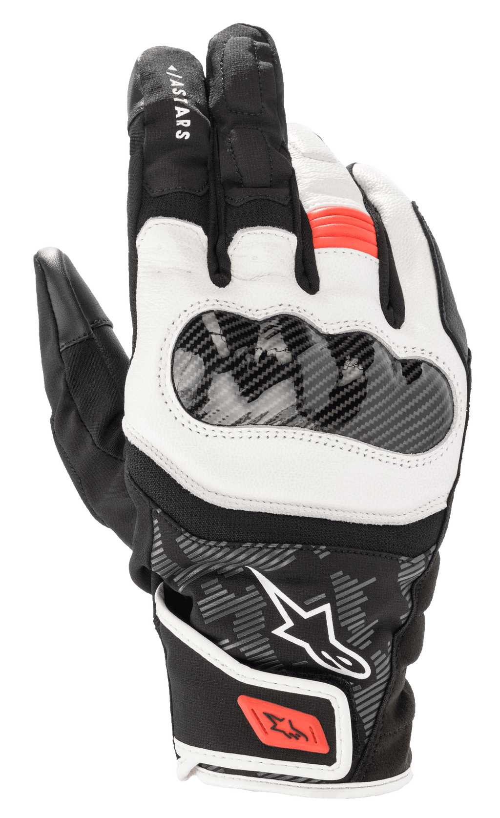 Guantes Alpinestars SMX Z Drystar, guantes de moto de caña corta, negro, blanco y rojo flúor, con protector de nudillos rígido con textura de fibra de carbono, paneles de cuero blanco flexible y detalles rojos en los dedos y la correa de la muñeca