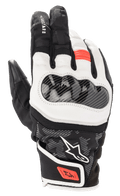 Guantes Alpinestars SMX Z Drystar, guantes de moto de caña corta, negro, blanco y rojo flúor, con protector de nudillos rígido con textura de fibra de carbono, paneles de cuero blanco flexible y detalles rojos en los dedos y la correa de la muñeca