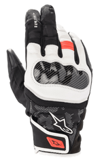Guantes Alpinestars SMX Z Drystar, guantes de moto de caña corta, negro, blanco y rojo flúor, con protector de nudillos rígido con textura de fibra de carbono, paneles de cuero blanco flexible y detalles rojos en los dedos y la correa de la muñeca