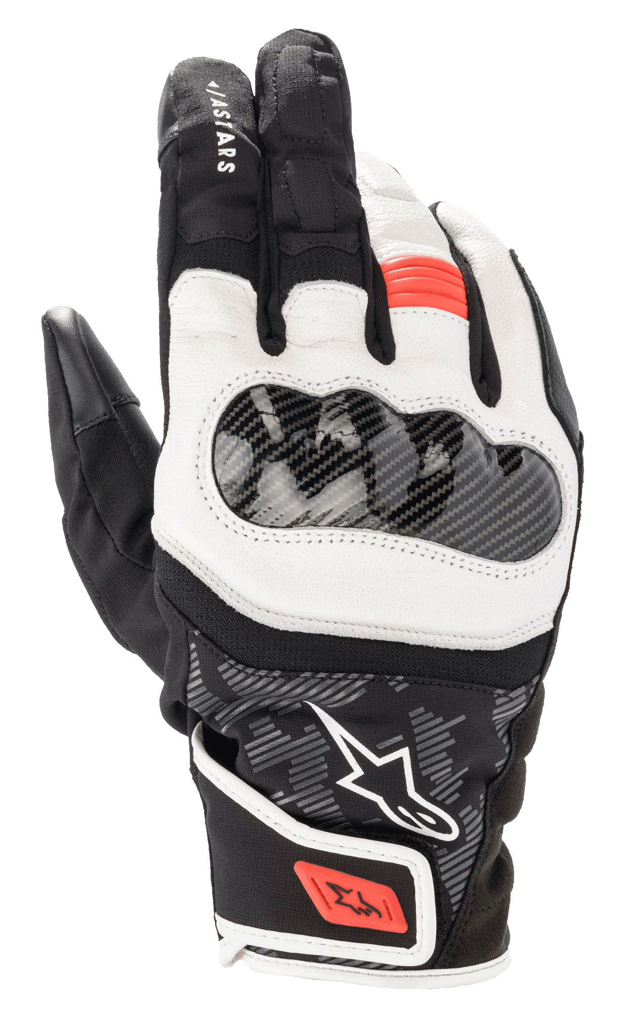 Guantes Alpinestars SMX Z Drystar, guantes de moto de caña corta, negro, blanco y rojo flúor, con protector de nudillos rígido con textura de fibra de carbono, paneles de cuero blanco flexible y detalles rojos en los dedos y la correa de la muñeca