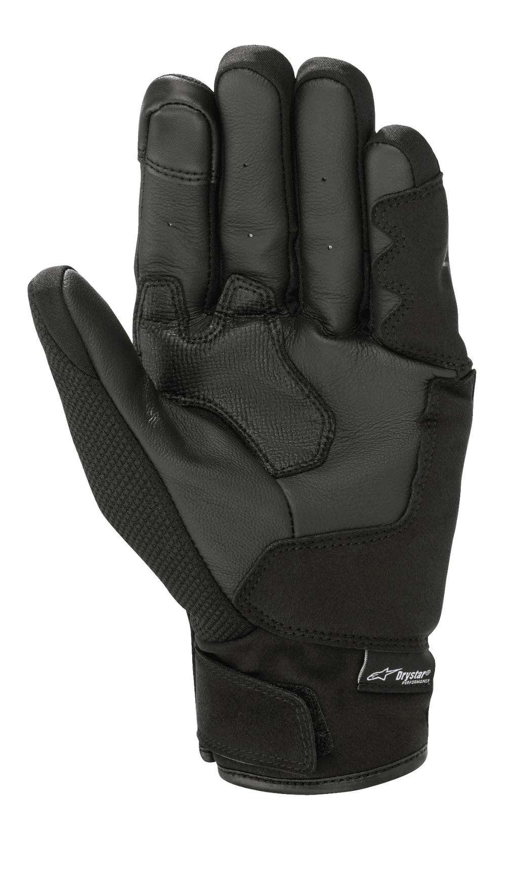 Guantes Alpinestars S-Max Drystar®, guantes de moto, negro antracita, vista de la palma que muestra la construcción de cuero reforzado, detalles perforados en los dedos y marca Drystar® en el cierre de la muñeca