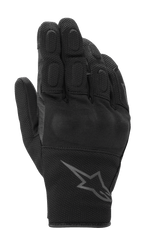 Guantes Alpinestars S-Max Drystar, guantes deportivos de moto en color negro antracita, con protección de nudillos rígida cubierta y dedos acolchados, confección en malla texturizada y cuero, diseño de puño corto con el logo de Alpinestars, impermeables y transpirables para carretera