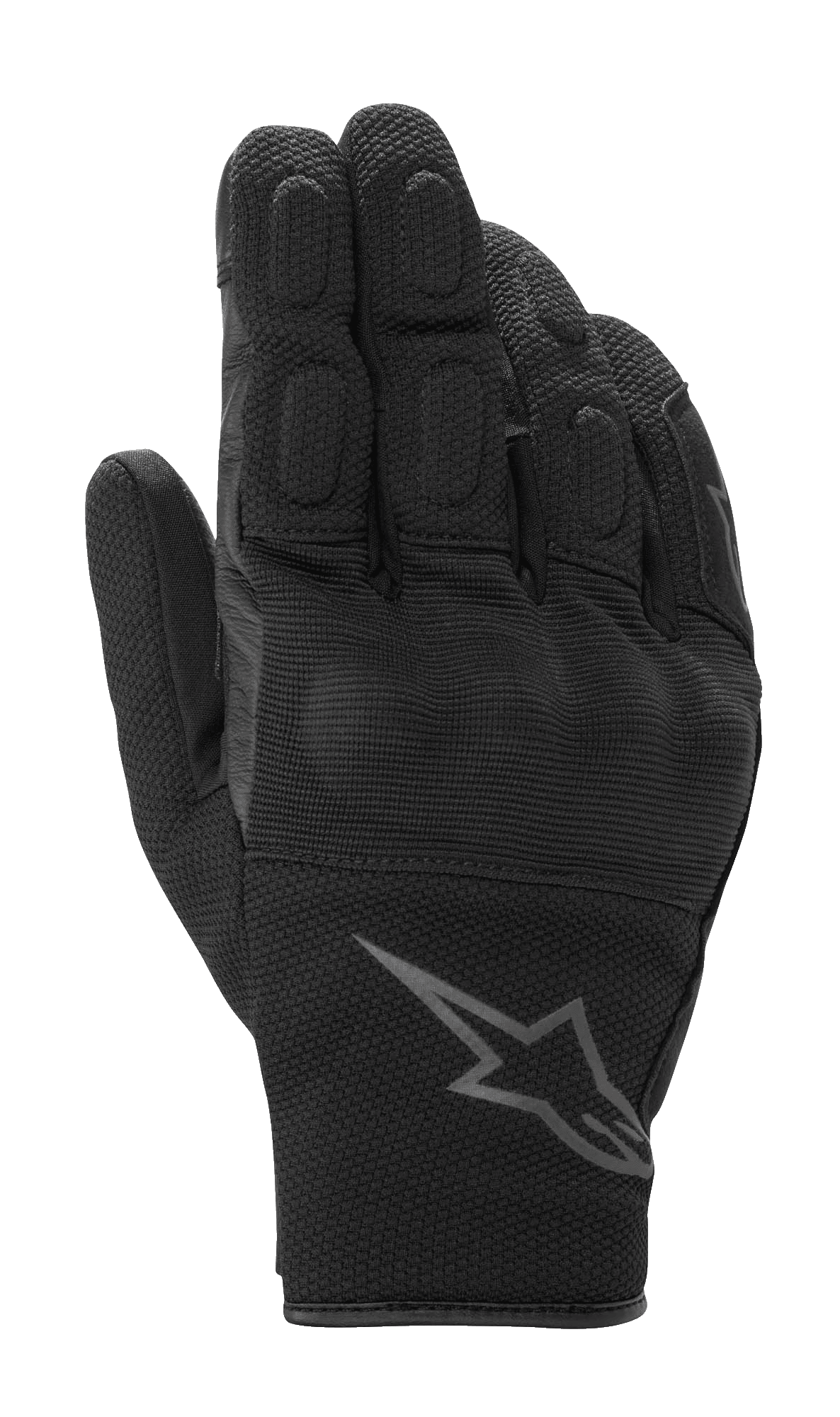 Guantes Alpinestars S-Max Drystar, guantes deportivos de moto en color negro antracita, con protección de nudillos rígida cubierta y dedos acolchados, confección en malla texturizada y cuero, diseño de puño corto con el logo de Alpinestars, impermeables y transpirables para carretera