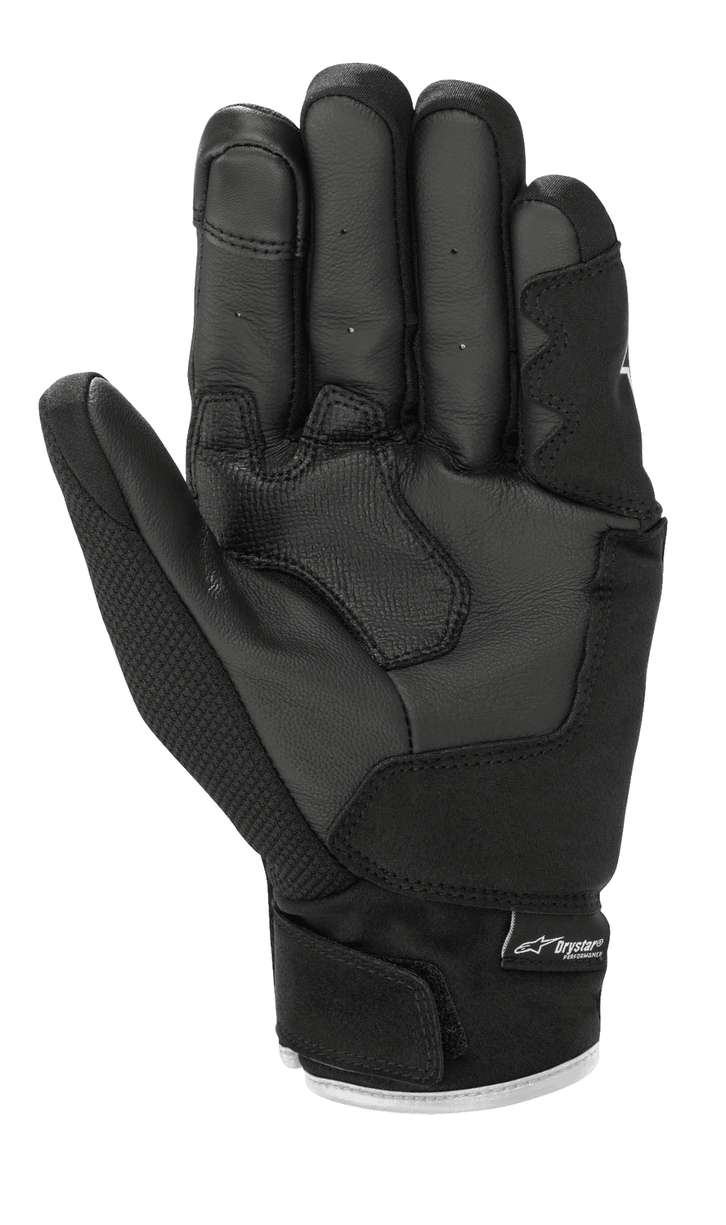 Guantes Alpinestars S-Max Drystar®, guantes de moto, negros y blancos, vista de la palma que muestra la construcción de cuero con acolchado reforzado, puño corto con cierre de velcro y logotipo Drystar®