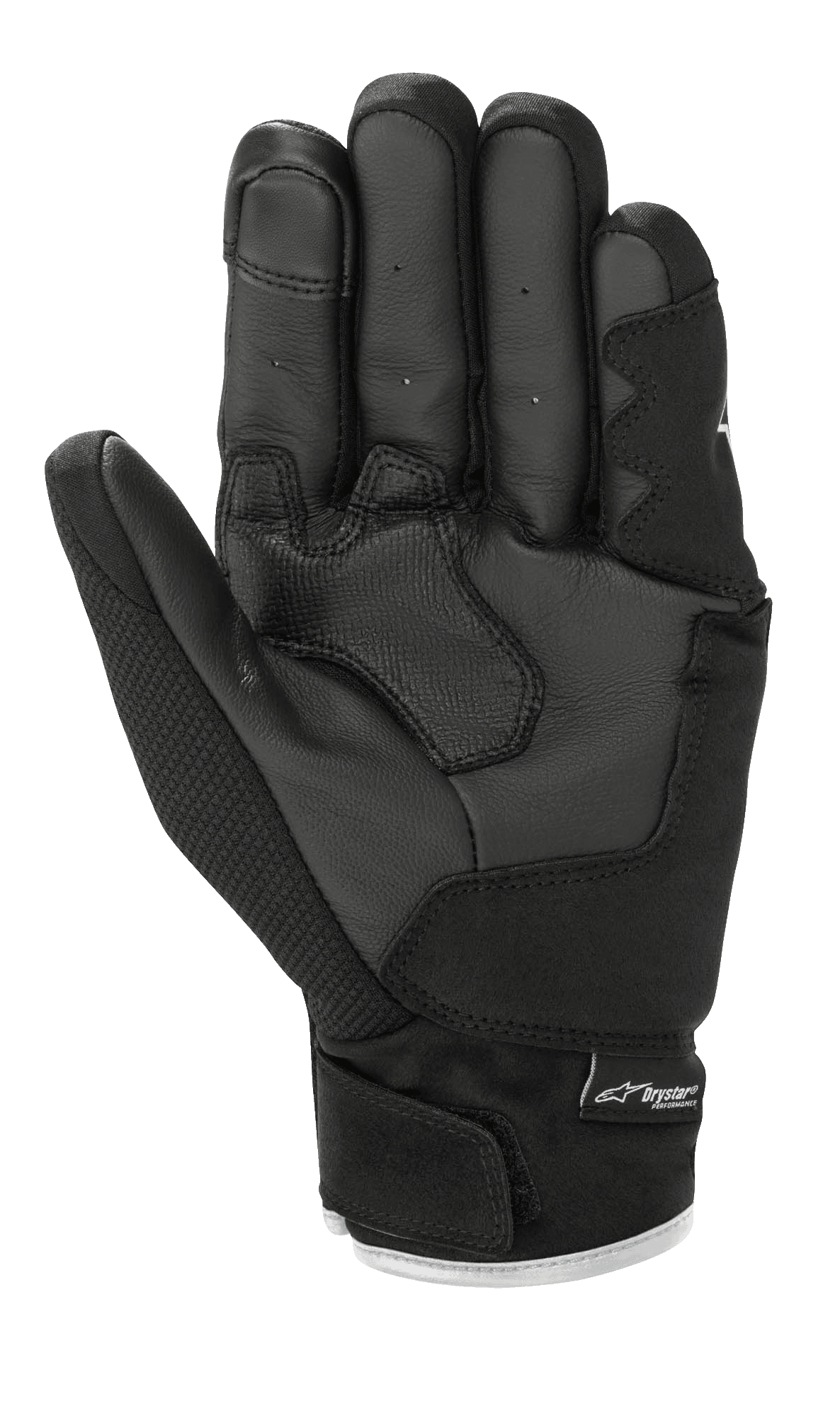 Guantes Alpinestars S-Max Drystar®, guantes de moto, negros y blancos, vista de la palma que muestra la construcción de cuero con acolchado reforzado, puño corto con cierre de velcro y logotipo Drystar®