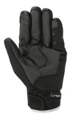 Guantes Alpinestars S-Max Drystar®, guantes de moto, negros y blancos, vista de la palma que muestra la construcción de cuero con acolchado reforzado, puño corto con cierre de velcro y logotipo Drystar®