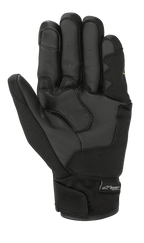 Guantes Alpinestars S-Max Drystar®, negros, vista de la palma con paneles de cuero reforzados, pulgar textil y cierre de muñeca con gancho y presilla y etiqueta del logo Drystar® Performance.