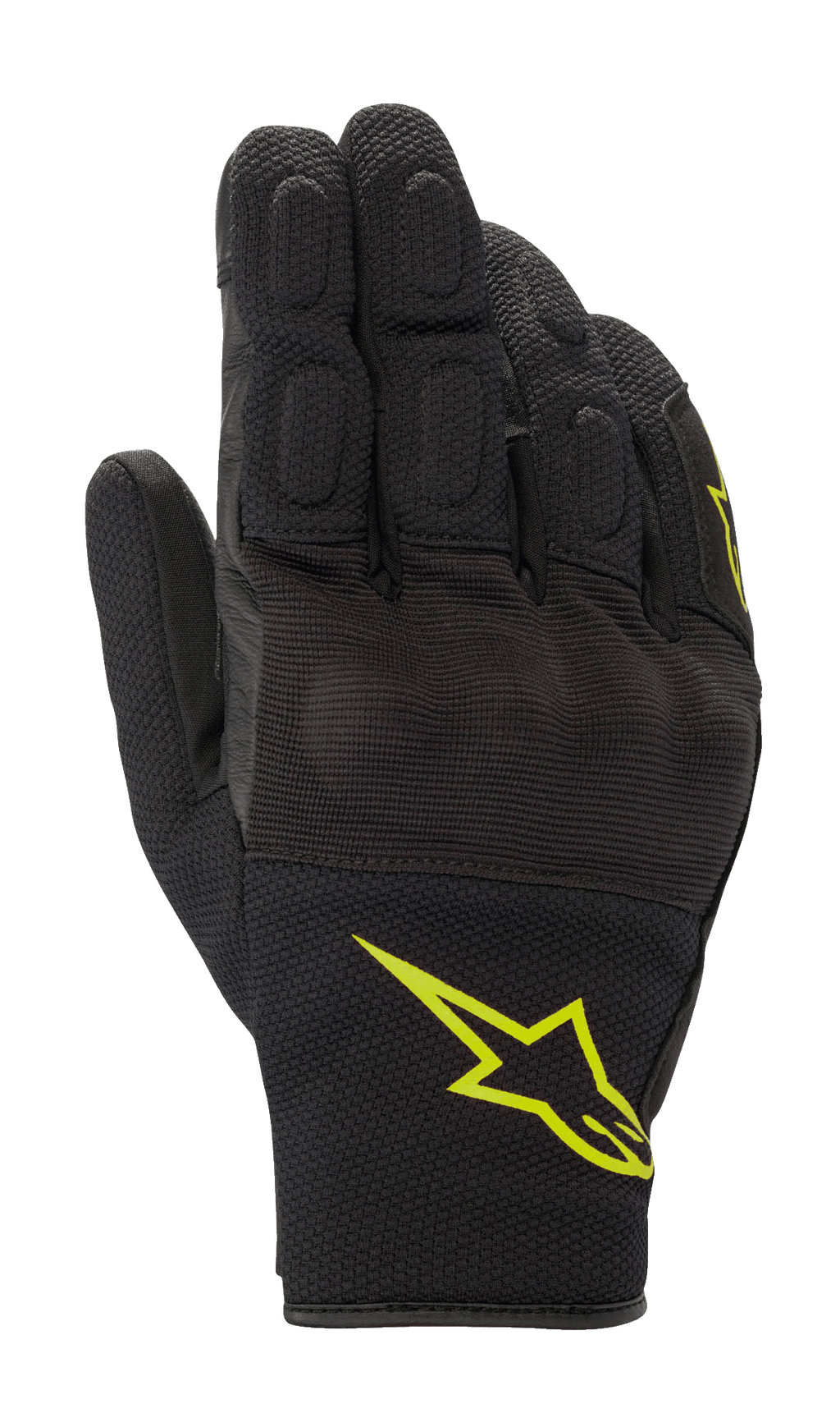 Guantes Alpinestars S-Max Drystar, guantes deportivos de moto, negros con logotipo amarillo fluorescente, diseño de puño corto con protección de nudillos rígida cubierta y paneles de malla elástica, construcción impermeable y transpirable para conducción en carretera