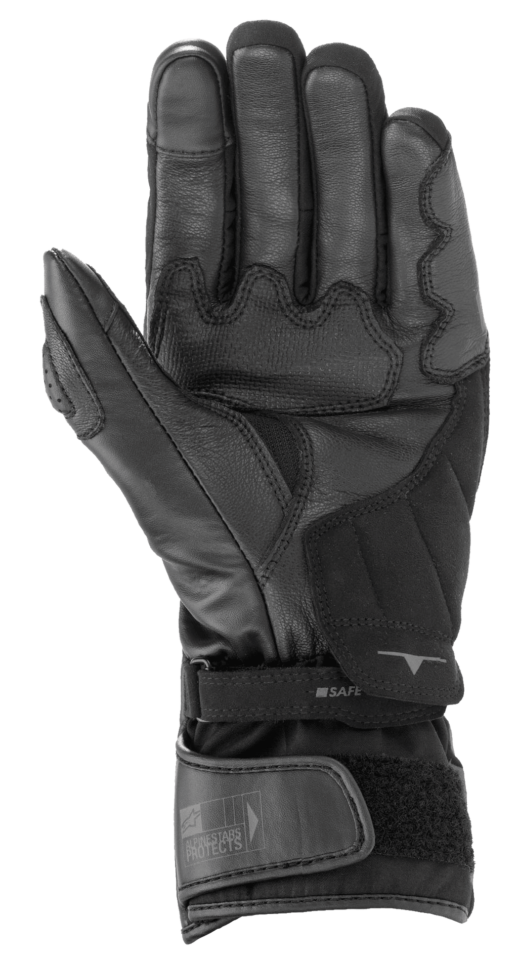 Guantes Alpinestars SP-365 Drystar®, negro y gris antracita, vista de la palma que muestra la construcción de cuero reforzado y ante sintético, guantes de alto rendimiento para motocicleta impermeables con cierre de muñeca ajustable