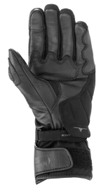 Guantes Alpinestars SP-365 Drystar®, negro y gris antracita, vista de la palma que muestra la construcción de cuero reforzado y ante sintético, guantes de alto rendimiento para motocicleta impermeables con cierre de muñeca ajustable