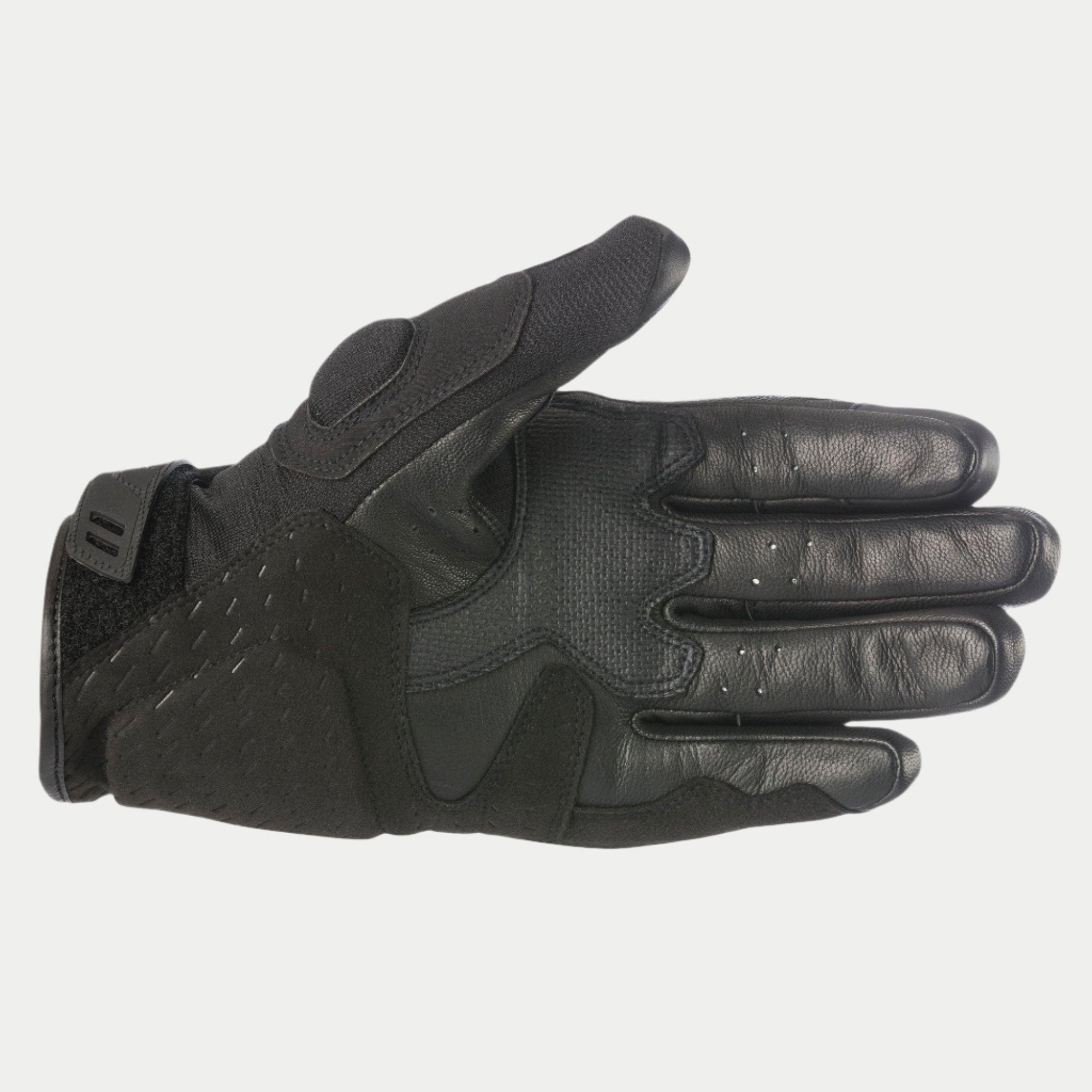 Guantes Alpinestars C-30 Drystar®, negro, vista de la palma que muestra refuerzos de gamuza sintética con acolchado de espuma, zonas de agarre recubiertas de PU en el pulgar y la palma, y correa de muñeca ajustable de gancho y bucle, guantes de moto impermeables