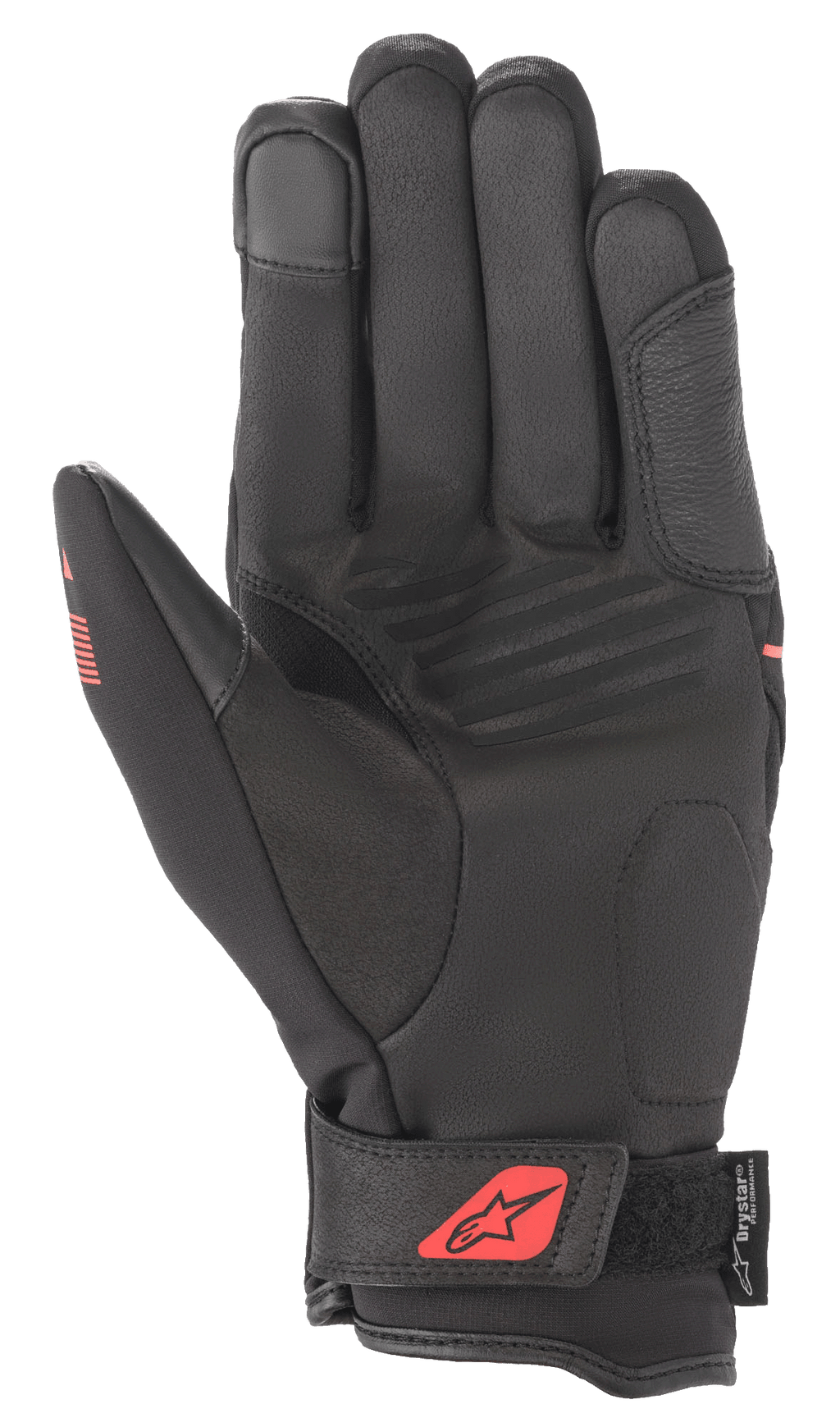 Guantes Alpinestars Syncro V2 Drystar®, Negro y Rojo Flúor, vista de la palma que muestra la construcción de gamuza sintética, palma acolchada para protección, correa de muñeca ajustable con logo rojo y marca Drystar®.