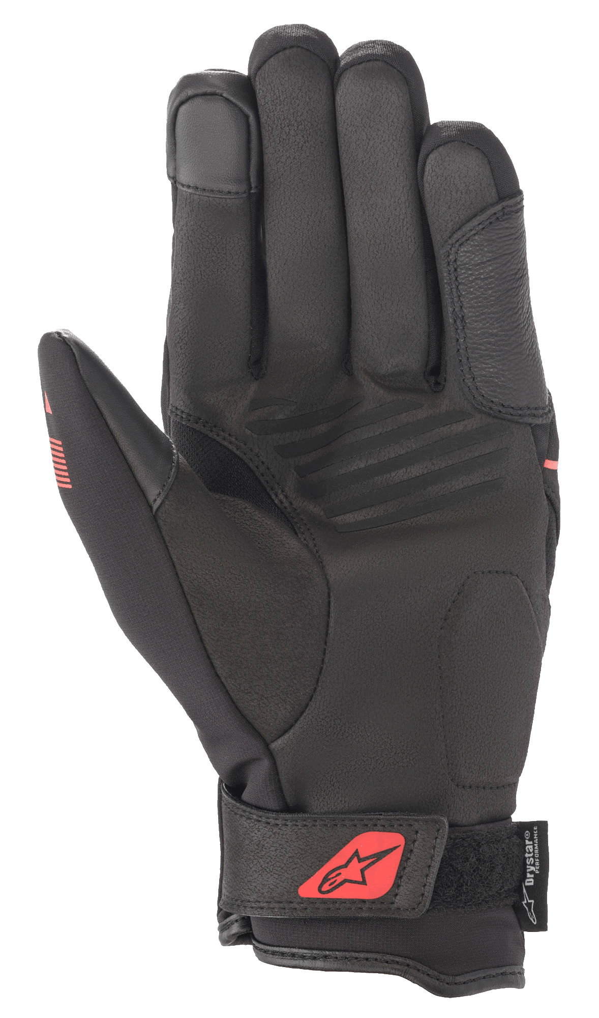 Guantes Alpinestars Syncro V2 Drystar®, Negro y Rojo Flúor, vista de la palma que muestra la construcción de gamuza sintética, palma acolchada para protección, correa de muñeca ajustable con logo rojo y marca Drystar®.