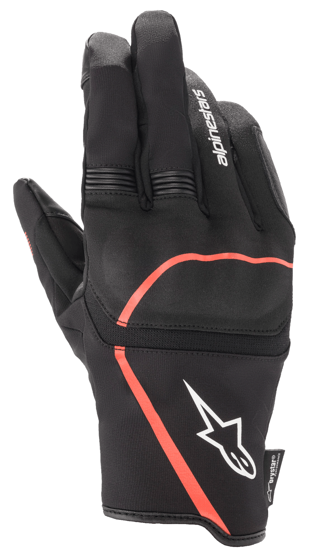Guantes Alpinestars Syncro V2 Drystar®, guantes de moto urbanos, negros con detalles en rojo flúor, con protección flexible de nudillos, logotipo blanco de Alpinestars en el puño y paneles elásticos de acordeón en los dedos, diseño impermeable y transpirable.