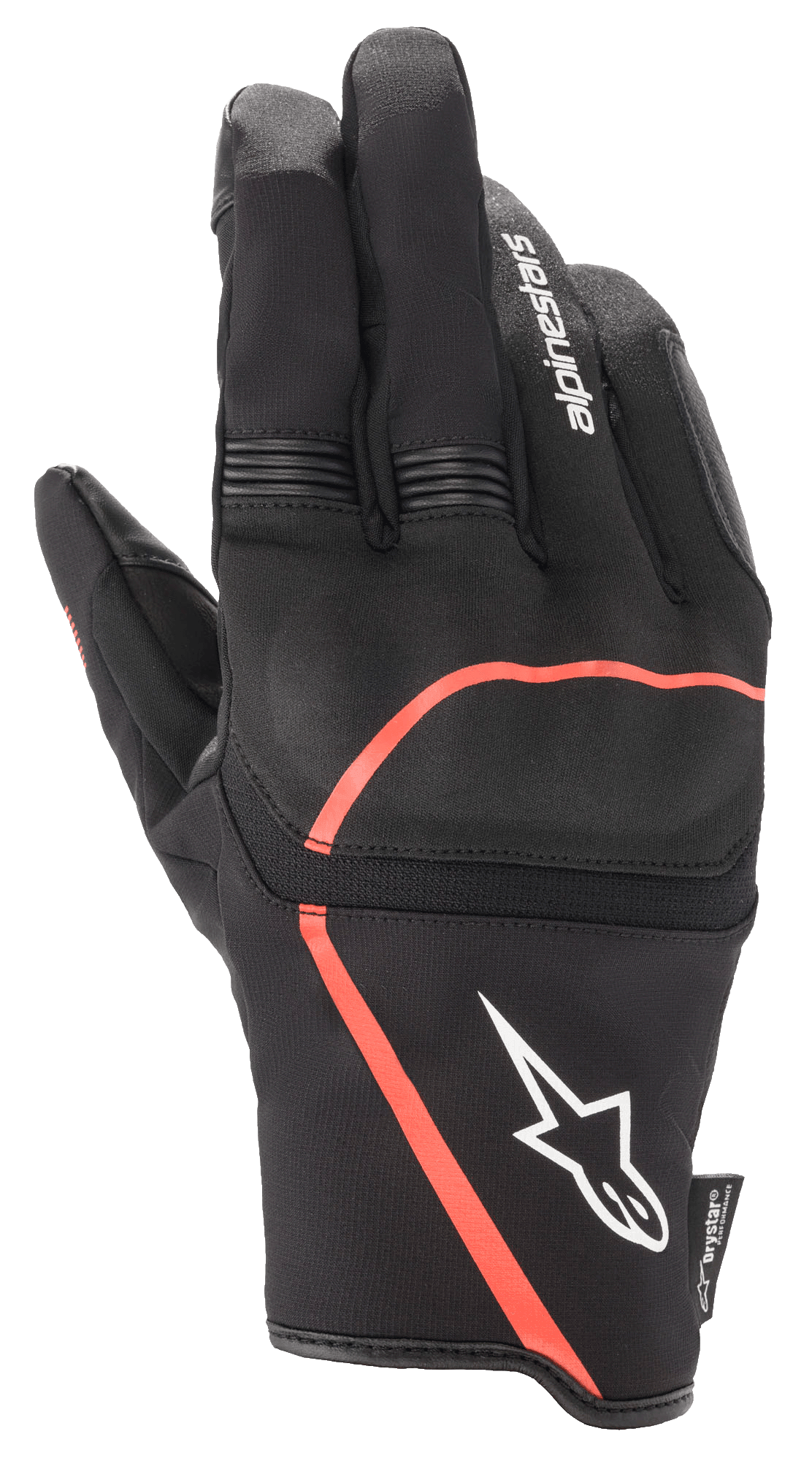 Guantes Alpinestars Syncro V2 Drystar®, guantes de moto urbanos, negros con detalles en rojo flúor, con protección flexible de nudillos, logotipo blanco de Alpinestars en el puño y paneles elásticos de acordeón en los dedos, diseño impermeable y transpirable.