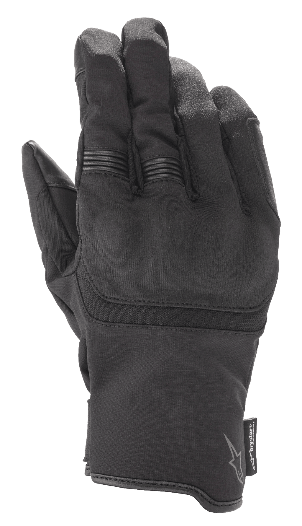 Guantes Alpinestars Syncro V2 Drystar®, guantes de moto negros con protección de nudillos integrada y detalles acanalados en los dedos, confección en gamuza sintética y textil, equipamiento urbano impermeable con logotipo Alpinestars y etiqueta Drystar
