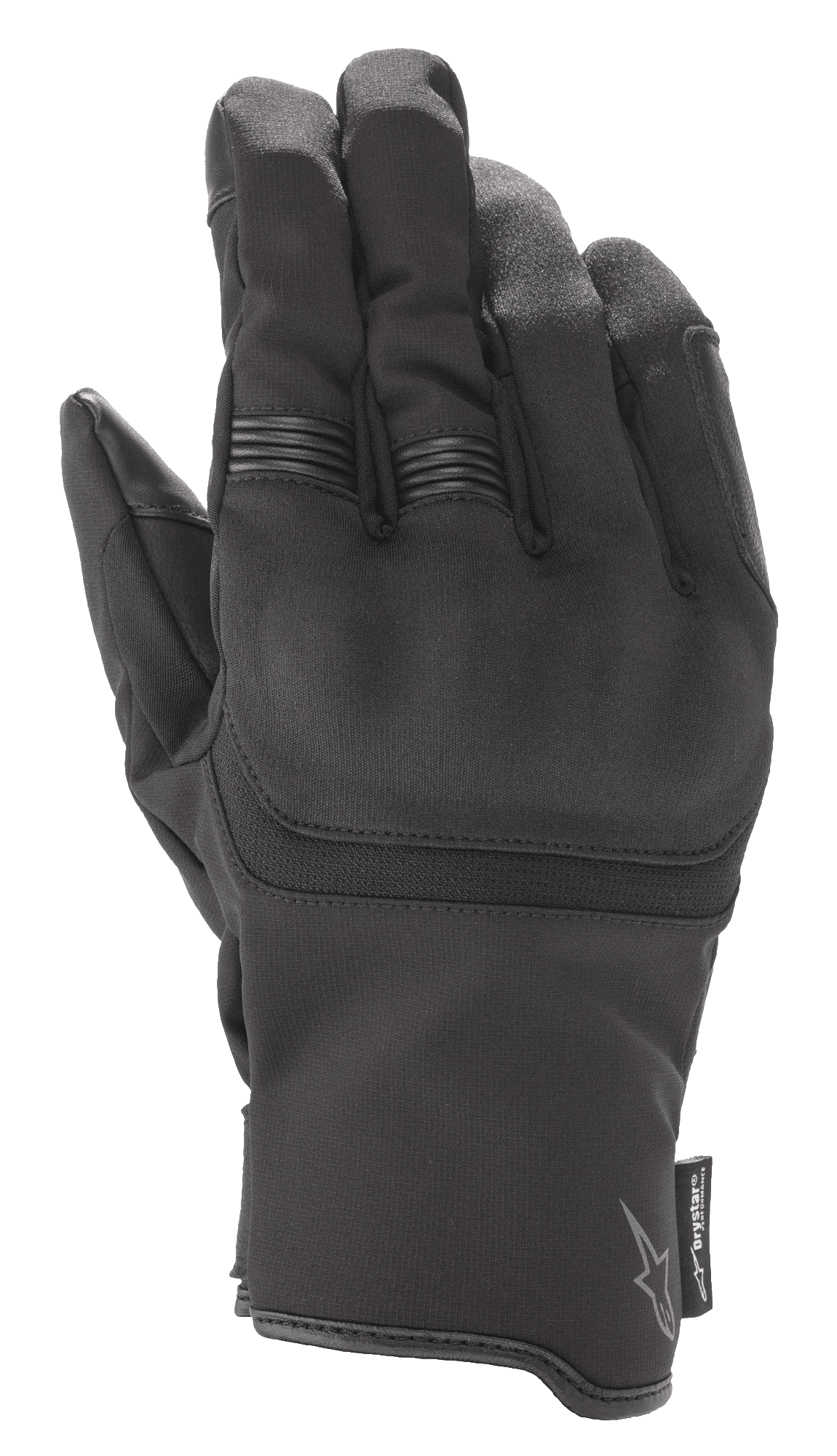 Guantes Alpinestars Syncro V2 Drystar®, guantes de moto negros con protección de nudillos integrada y detalles acanalados en los dedos, confección en gamuza sintética y textil, equipamiento urbano impermeable con logotipo Alpinestars y etiqueta Drystar