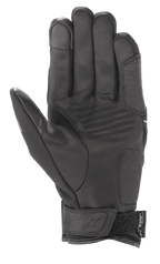 Alpinestars Syncro V2 Drystar® Gloves, guantes urbanos para moto, negro y gris medio, vista de la palma con construcción de gamuza sintética, refuerzos acolchados, punta del dedo compatible con pantallas táctiles y correa de velcro en la muñeca con la marca Alpinestars.