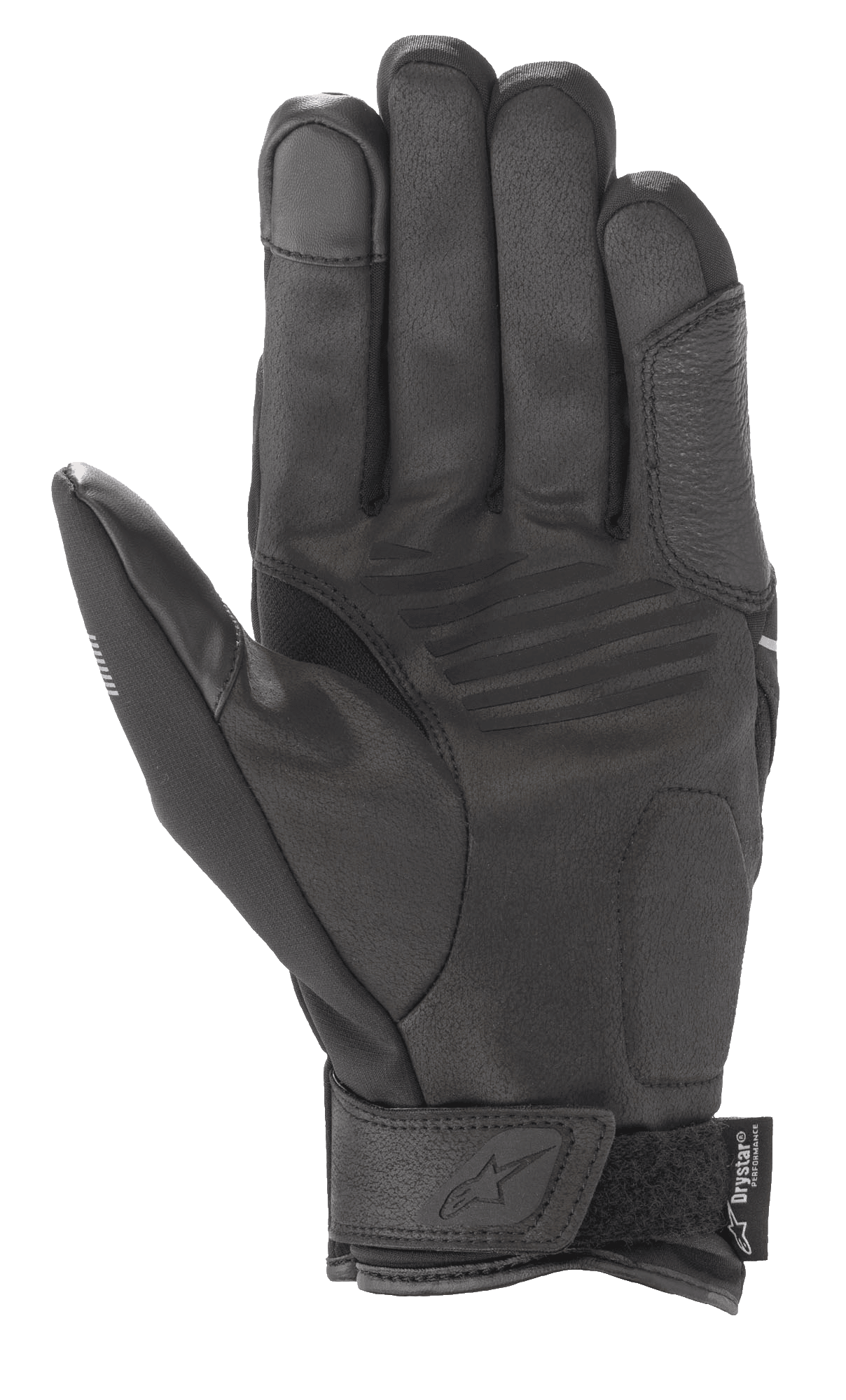 Alpinestars Syncro V2 Drystar® Gloves, guantes urbanos para moto, negro y gris medio, vista de la palma con construcción de gamuza sintética, refuerzos acolchados, punta del dedo compatible con pantallas táctiles y correa de velcro en la muñeca con la marca Alpinestars.