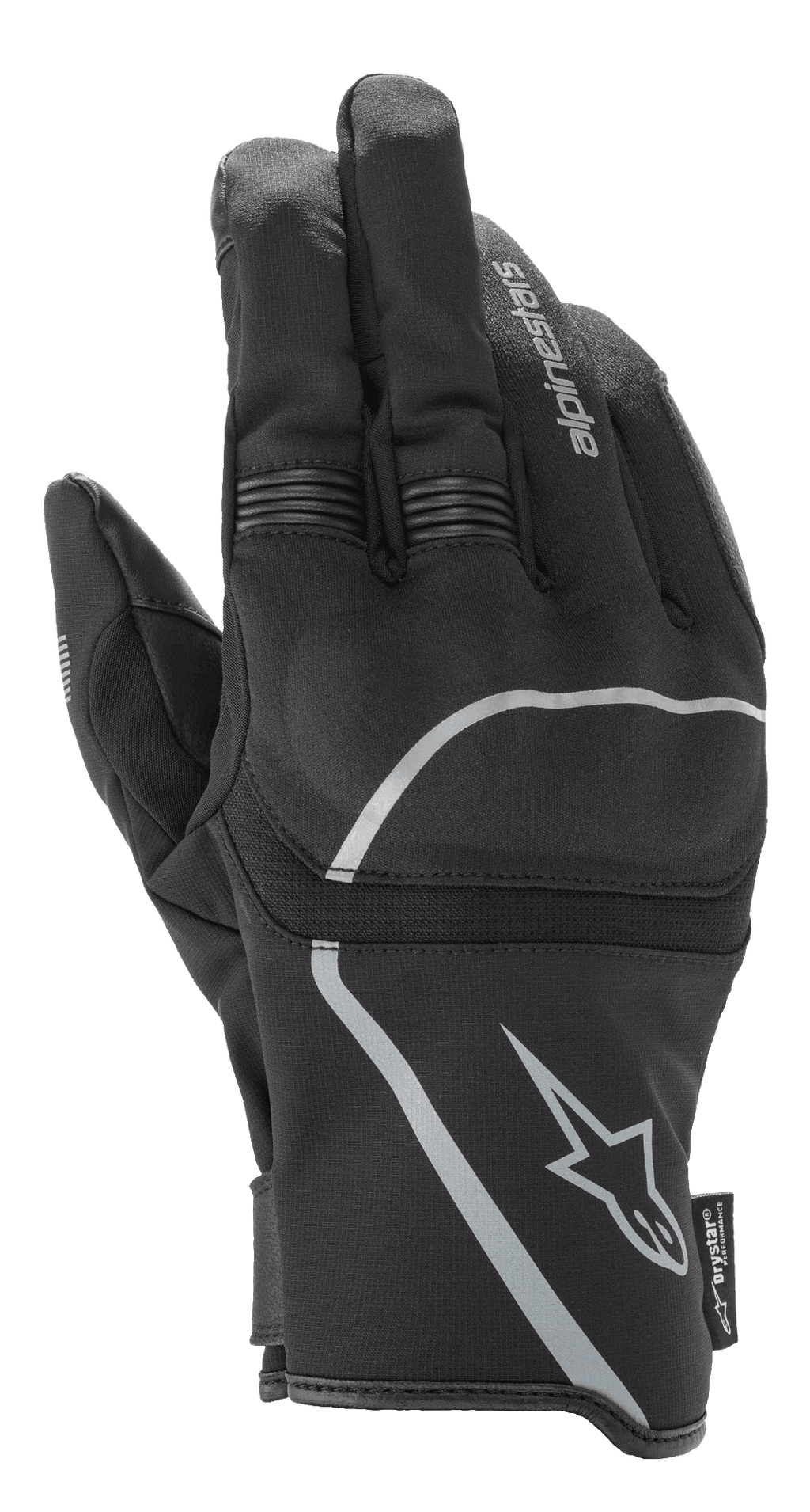 Guantes Alpinestars Syncro V2 Drystar®, guantes urbanos para moto, negros y gris medio, vista posterior que destaca la construcción textil y la protección de nudillos viscoelástica, diseño impermeable y transpirable con detalles reflectantes.