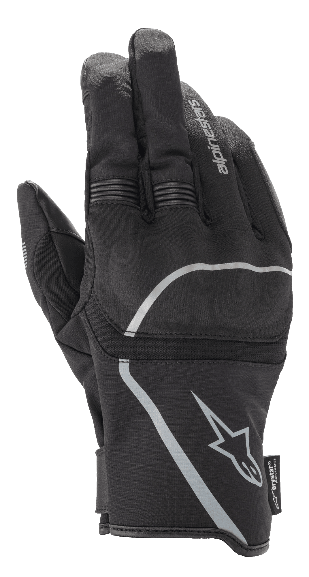 Guantes Alpinestars Syncro V2 Drystar®, guantes urbanos para moto, negros y gris medio, vista posterior que destaca la construcción textil y la protección de nudillos viscoelástica, diseño impermeable y transpirable con detalles reflectantes.