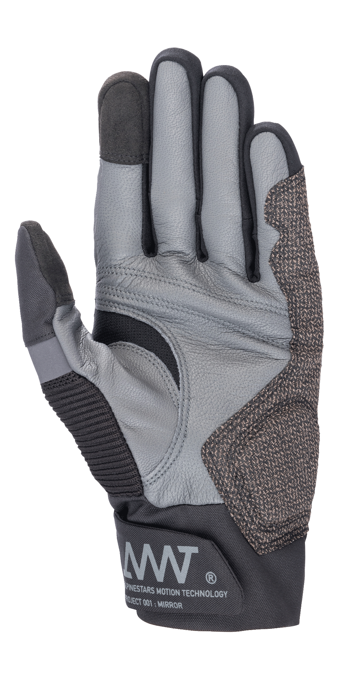 Guantes Alpinestars AMT-10 Air HDry®, negro y gris, vista de la palma que destaca la confección en piel de cabra, patrón de agarre ergonómico e insertos elásticos técnicos, con el logotipo AMT en el puño