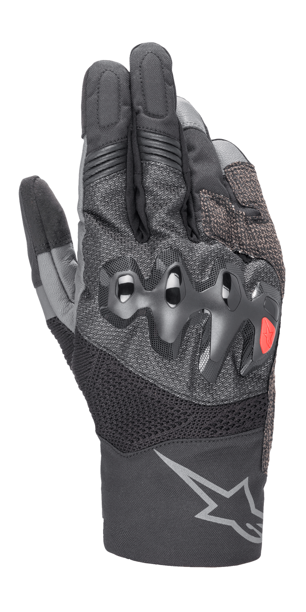 Guantes Alpinestars AMT-10 Air HDry, guantes de moto, negro y gris oscuro, con protector de nudillos sobreinyectado ondulado y un pequeño logo rojo, paneles de malla MATRYX y RIDEKNIT para ventilación, y un gran logotipo de estrella gris en el puño