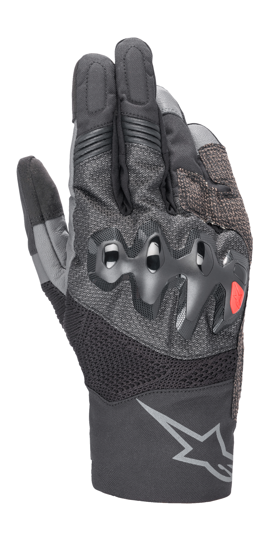 Guantes Alpinestars AMT-10 Air HDry, guantes de moto, negro y gris oscuro, con protector de nudillos sobreinyectado ondulado y un pequeño logo rojo, paneles de malla MATRYX y RIDEKNIT para ventilación, y un gran logotipo de estrella gris en el puño