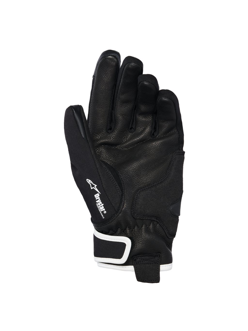 Guantes Alpinestars Stella Moblast Waterproof, vista de la palma, negro con detalles blancos, con palma de cuero de cabra, logotipo de Alpinestars y marca Drystar en el pulgar, guantes de moto de puño corto para mujer