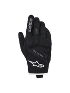 Guantes Alpinestars Stella Moblast Waterproof, guantes de moto para mujer, negros con detalles blancos, vista del dorso que muestra el logotipo de Alpinestars, la marca MO.ST.EQ. y protección suave en los nudillos.