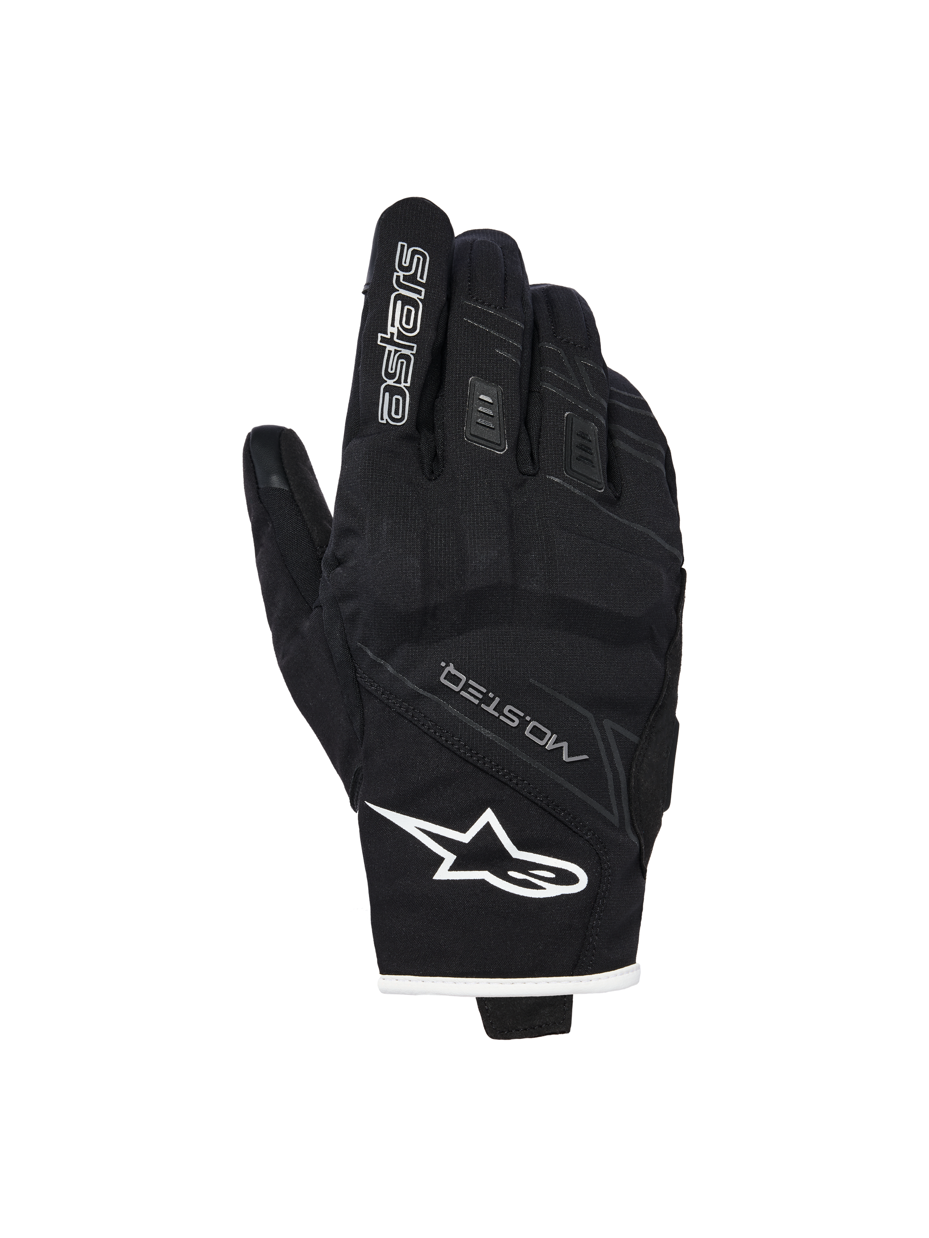 Guantes Alpinestars Stella Moblast Waterproof, guantes de moto para mujer, negros con detalles blancos, vista del dorso que muestra el logotipo de Alpinestars, la marca MO.ST.EQ. y protección suave en los nudillos.