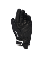 Guantes Alpinestars Stella Moblast Waterproof, vista de la palma, cuero de cabra negro con agarre texturizado, detalles en blanco y logotipo Drystar, diseño de puño corto para conducción urbana en moto
