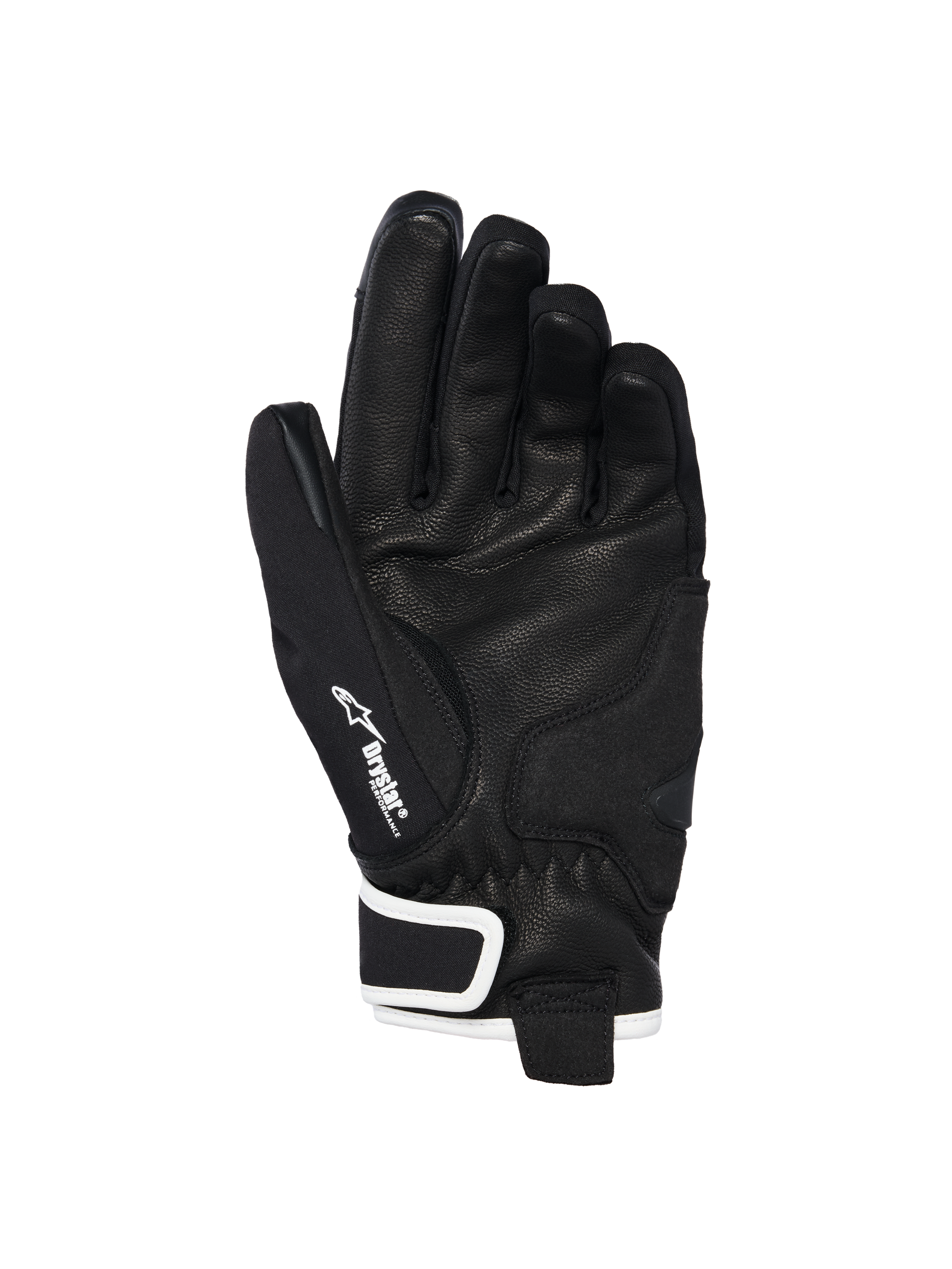 Guantes Alpinestars Stella Moblast Waterproof, vista de la palma, cuero de cabra negro con agarre texturizado, detalles en blanco y logotipo Drystar, diseño de puño corto para conducción urbana en moto