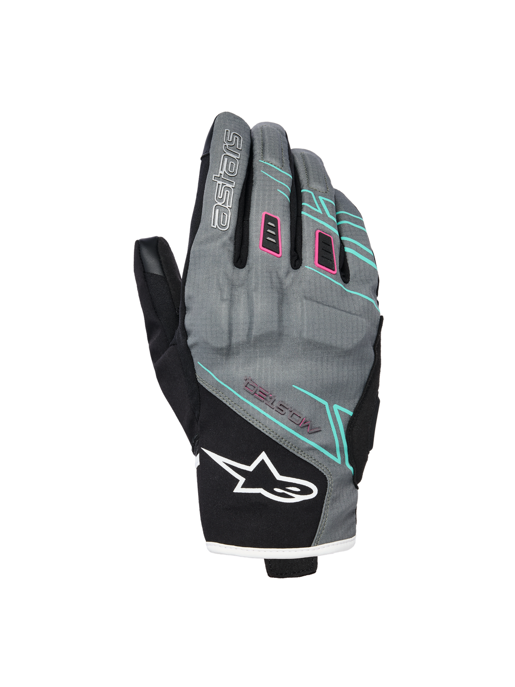 Alpinestars Stella Moblast Waterproof Gloves, guantes de moto para mujer, grises y negros con detalles en rosa y turquesa, diseño de puño corto con marca MO.ST.EQ., confección textil con acolchado protector en los nudillos y logotipo blanco de Alpinestars