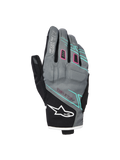 Alpinestars Stella Moblast Waterproof Gloves, guantes de moto para mujer, grises y negros con detalles en rosa y turquesa, diseño de puño corto con marca MO.ST.EQ., confección textil con acolchado protector en los nudillos y logotipo blanco de Alpinestars