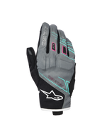 Alpinestars Stella Moblast Waterproof Gloves, guantes de moto para mujer, grises y negros con detalles en rosa y turquesa, diseño de puño corto con marca MO.ST.EQ., confección textil con acolchado protector en los nudillos y logotipo blanco de Alpinestars