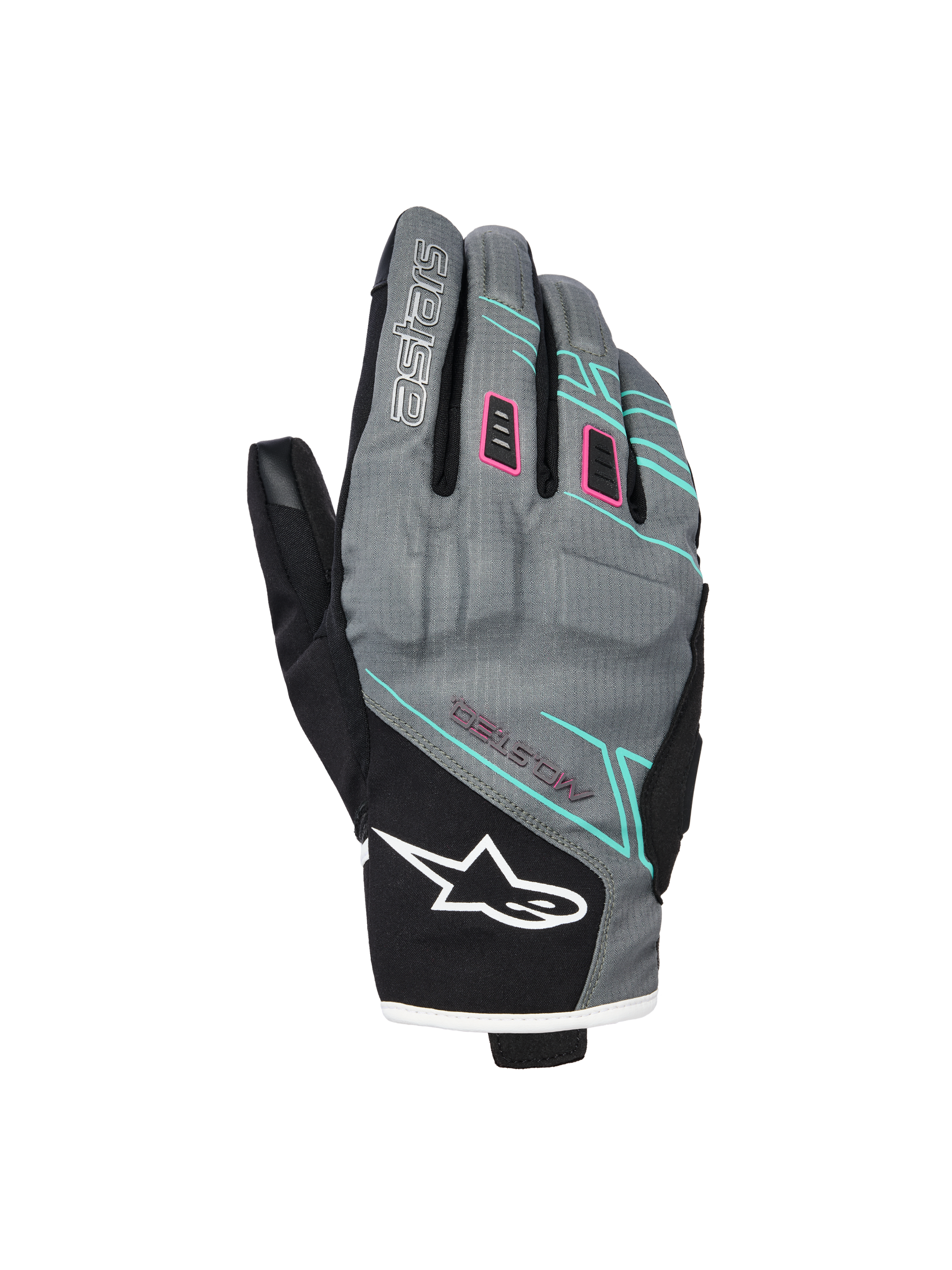 Alpinestars Stella Moblast Waterproof Gloves, guantes de moto para mujer, grises y negros con detalles en rosa y turquesa, diseño de puño corto con marca MO.ST.EQ., confección textil con acolchado protector en los nudillos y logotipo blanco de Alpinestars