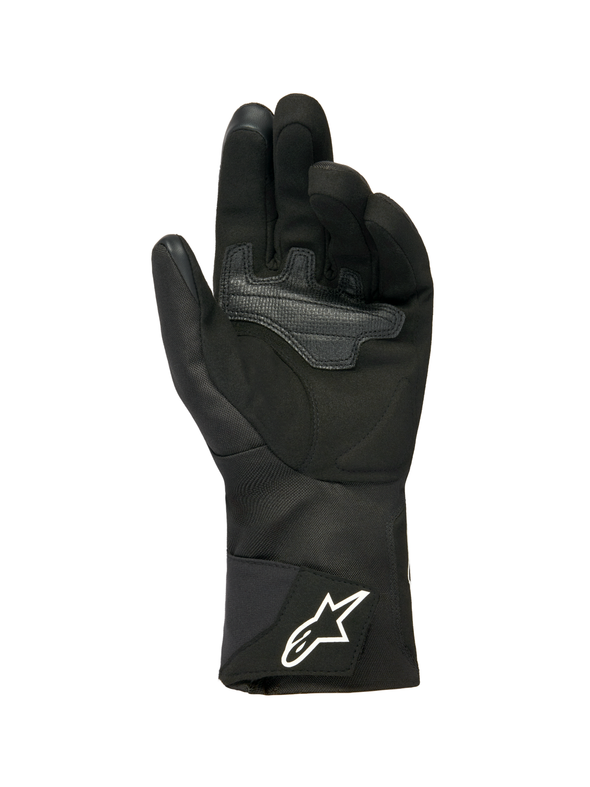 Guantes Alpinestars Stella WT-1 Drystar® Aislados para mujer, negros, vista de la palma en gamuza suave con refuerzo superpuesto para el agarre, puño textil largo con el logotipo blanco de Alpinestars en la correa, puntas de los dedos compatibles con pantalla táctil, equipo técnico de invierno para motociclismo