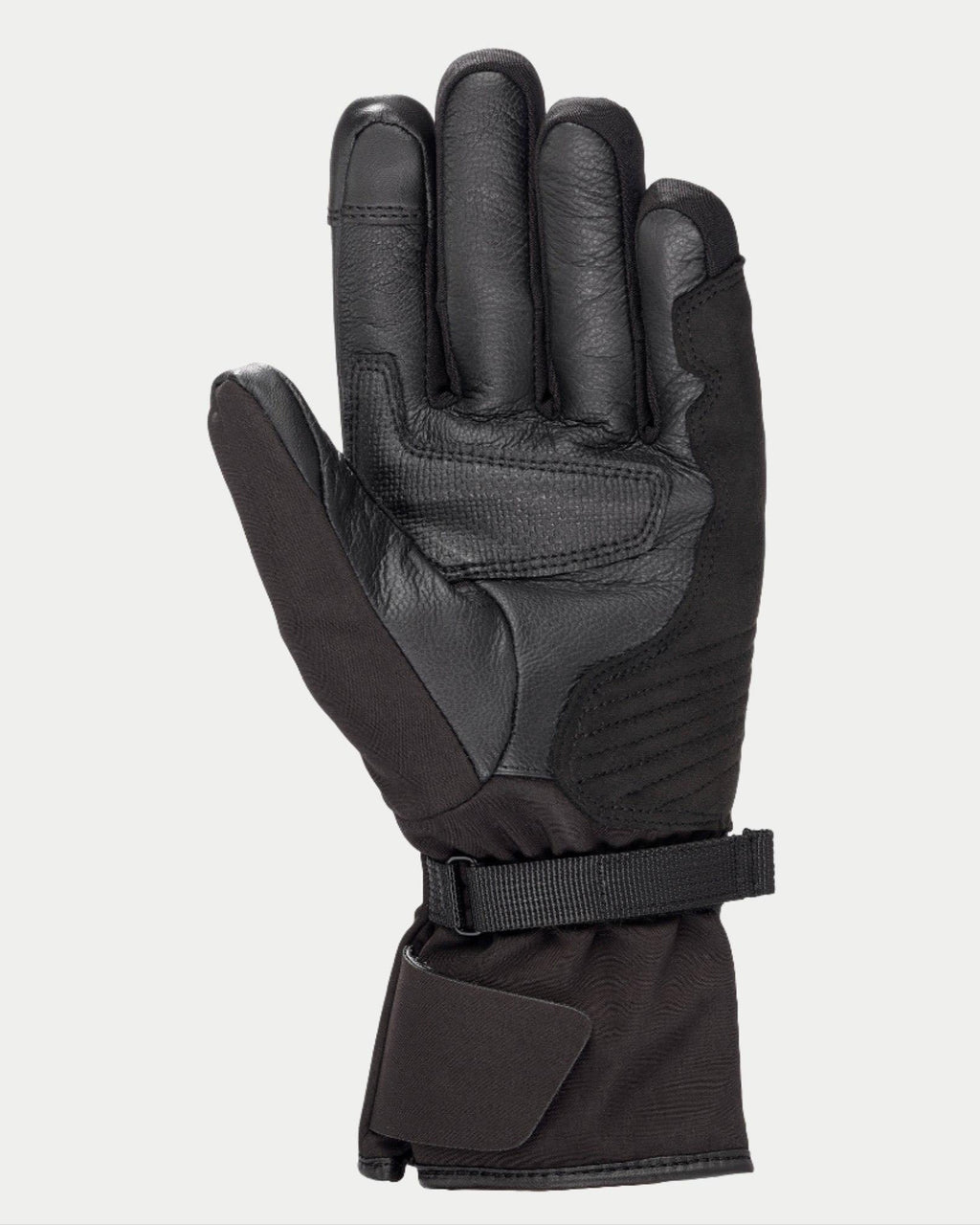 Alpinestars Stella Tourer W-7 Drystar® Gloves para mujer, color negro, vista de la palma que muestra la construcción de cuero y softshell, puño largo touring con correa ajustable, palma y pulgar reforzados, equipamiento de moto de invierno impermeable y térmico para adventure touring