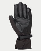 Alpinestars Stella Tourer W-7 Drystar® Gloves para mujer, color negro, vista de la palma que muestra la construcción de cuero y softshell, puño largo touring con correa ajustable, palma y pulgar reforzados, equipamiento de moto de invierno impermeable y térmico para adventure touring