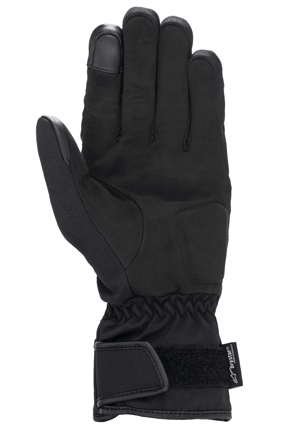 Guantes Alpinestars Stella SR-3 V2 Drystar® para mujer, negros, vista de la palma que muestra refuerzos de cuero sintético, punta del dedo índice compatible con pantallas táctiles, muñeca elástica y puño de guantelete con correa de Velcro ajustable y logotipo de Drystar.